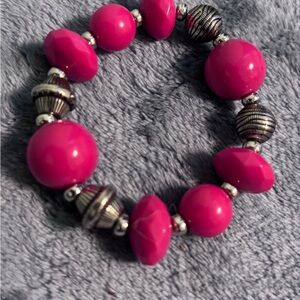 Elegant Deep Pink and Silver Tone Beaded Bracelet